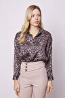 Kadın Desenli Likrasız Kumaş Yakalı Düşük Omuzlu Uzun Kol Gömlek-Leopar