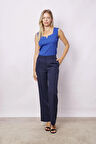 Kadın Yüksek Bel Pileli Yan Cepli Rahat Kesim Palazzo Pantolon-Lacivert