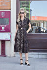 Kadın Desenli Yakalı Düşük Omuzlu Duble Kol Kemerli Midi Boy Elbise(Deri Kemer Dahil)-Leopar