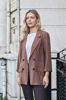 Kadın İpeksi Dokulu Modal Kumaş Yakalı Cep Kapaklı Oversize Salaş Blazer Ceket-Kahve