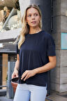Kadın Modal Penye Geniş Sıfır Yaka Düşük Omuzlu Yanları Yırtmaçlı Bluz-Lacivert