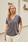 Kadın İpeksi Modal Penye Esnek Kumaş V Yaka Düşük Omuzlu Kısa Kol T-shirt Bluz-Antrasit 