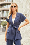 Kadın İpeksi Modal Kumaş Yakalı Düşük Omuzlu Apoletli Beli Kemerli Kısa Kol Düğmeli Ceket-Lacivert