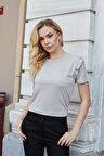 Kadın Kaliteli Modal Kumaş Sıfır Yaka Düğme Aksesuarlı Kısa Kol T-shirt Bluz-Taş 