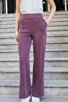 Kadın Modal İpeksi Likralı Kumaş Yüksek Bel Önden Dikişli Cepli Bol Paça Palazzo Pantolon-Bordo 