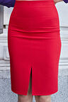 Kadın Yüksek Bel Önden Yırtmaçlı Hafif Likralı Şık Kumaş Diz Altı Ofis Kalem Etek-Kırmızı 