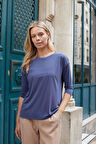 Kadın Kaliteli Modal Esnek Kumaş Geniş Sıfır Yaka Kapri Truvakar Kol Hafif Salaş Bluz-İndigo