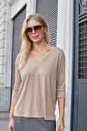 Kadın Kaliteli Modal Esnek Kumaş V Yaka Düşük omuzlu Kapri Truvakar Kol Hafif Salaş Bluz-Camel 