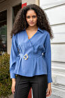 Kadın İpeksi Dokulu Likrasız Modal Kumaş Yakalı Anvelop Kemerli Şık Bluz-İndigo