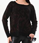 Kadın Triko Bluz Simli Bakır Bisiklet Yaka Desenli Standart Beden (44 Bedene Kadar Uyumlu)