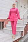 Taş Düğme Detaylı Takım Fuşya