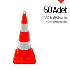 50 Adet PVC Trafik Konisi 75 cm Çift Reflektifli Trafik Dubası