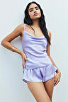 Caché Lila Degaje Yaka Askılı Kısa Saten Pijama Takımı