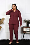 Akbeniz Kadın Büyük Beden Pamuklu Cepli Düğmeli Mürdüm Pijama Takım 202401