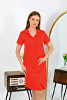 Akbeniz Kadın Pamuk Penye Kısa Kol Düğmeli Kırmızı Tunik Gecelik 13112