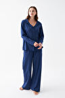 Akbeniz Kadın Lacivert Düğmeli Yaka Detaylı Pamuklu Pijama Takımı