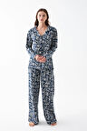 Akbeniz Kadın Lacivert “Paris” Yazı Desenli Düğmeli Pamuklu Pijama Takımı