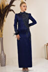 Önü Boncuk Aplik İşleme Kolları Tüylü Nara Tesettür Abiye Lacivert
