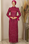 Kollari Fiyonklu Pul Payetli Sultan Tesettür Abiye Fuşya
