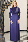 Ada Saten Taşlı Tesettür Abiye Lacivert