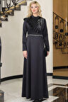 Ada Saten Taşlı Tesettür Abiye Siyah