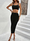 Kadın Askılı Crop Bel Detaylı Derin Yırtmaçlı Etek Triko Ikili Takım