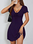 Kadın Kısa Kollu Derin Büzgülü V Yakalı Viskon Elbise