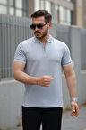 Erkek Fermuar Yakalı çizgi Detaylı Kısa Kollu Tişört