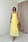 Sarı Askılı Aparatlı Brode Elbise