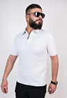 Triko Dokuma Yarım Fermuarlı Yakalı T-shirt - Beyaz