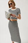 Çizgili Midi Dokulu Etek