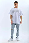 Unisex Oversize Taşlı Bisiklet Yaka T-Shirt - Beyaz