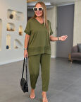 Kadın Kısa Kollu V Yakalı Pul Payetli Viskon Iki Iplik Bluz Ve Pantolon Ikili Takım