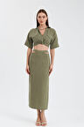 Nok Daily Serisi Pencere Detaylı %100 Keten Etek Haki