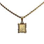 Allah Yazılı Dikdörtgen Altın Kaplama Çelik Kolye Burgu Zincirli