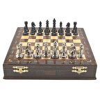 GiftHome Premium Black Metal Klasik Satranç Takımı ve El İmali Masif Ahşap Sandıklı (Ceviz) Tahtası (38X38X6 cm.)