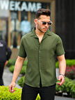 Haki Renk Pamuk Keten Kısa Kol Gömlek