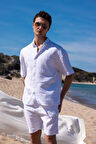 Keten Kumaş Beyaz Renk Cep Detaylı Gömlek Şort Erkek Takım