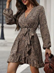 Kadın Uzun Kollu Kruvaze Yakalı Kuşaklı Desenli Kısa Modal Mini Elbise
