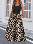 Kadın Askılı Yuvarlak Yaka üst Viskon Alt Leopar Desenli Süprem Uzun Elbise