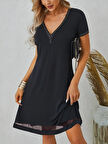 Kadın Kısa Kollu Eteği Tül şeritli Taş Işlemeli V Yaka Viskon Elbise