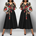 Kadın Uzun Kollu Kruvaze Yaka Dalgıç Krep Midi Boy Elbise