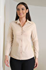 Sweetness Kadın Açık Bej Likralı Uzun Kol Pamuklu Klasik gömlek