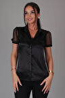 SWEETNESS Kadın Siyah Saten Kısa Tül Kollu Abiye Gömlek 