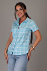 SWEETNESS Kadın Mavi Kareli Kısa Kollu Pamuklu Gömlek DK-1190