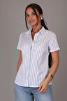 SWEETNESS Kadın Mavi Çizgili Kısa Kollu Likralı Pamuklu Klasik Gömlek DK001-1
