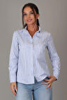 SWEETNESS Kadın Mavi Çizgili Uzun Kollu Likralı Pamuklu Klasik Gömlek DK004-1