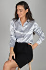 SWEETNESS Kadın Gri Saten Uzun Kol Abiye Gömlek 