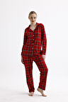 Kadın Süet Önden Düğmeli Pijama Takımı | Ekose Kırmızı
