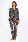 Kadın Süet Önden Düğmeli Pijama Takımı | Kalpli